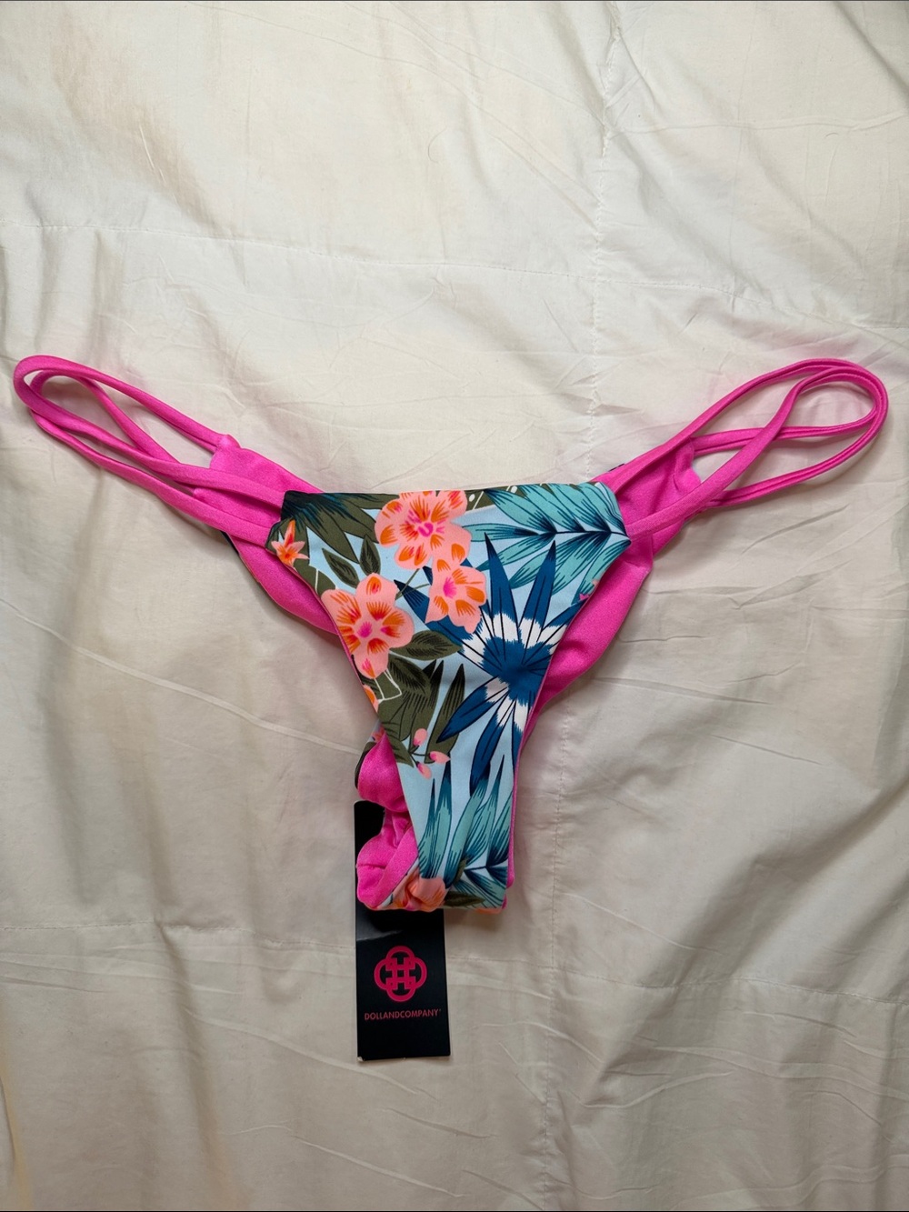 Doll Swimwear Tahiti Reversible Micro Bikini Bottom–Neon Pink/Blue Hawaii Print